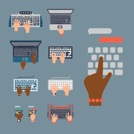 Users hands on keyboard and mouse of computer technology internet work typing tool vector illustrationのイラスト素材