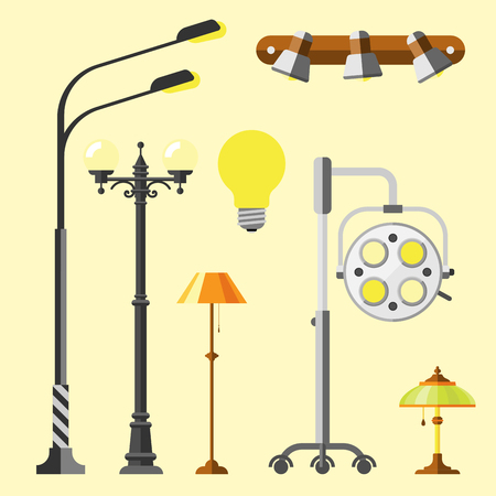 Flat electric lantern city lamp street urban lights fitting illuminator technology light bulb electricity vector illustration.のイラスト素材