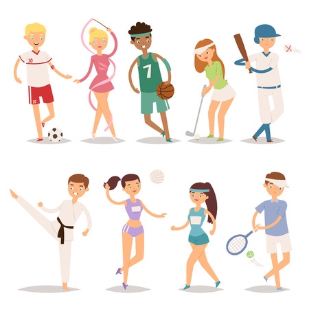 Health sport and wellness flat people characters sporting man activity woman athletic vector Illustration.のイラスト素材