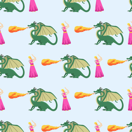Fantasy knight dragon flying seamless pattern mythology monster background vector illustration.のイラスト素材