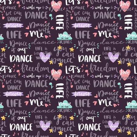 Handdrawn lettering Love Dance and Music quote phrase calligraphy music seamless pattern backgroundのイラスト素材