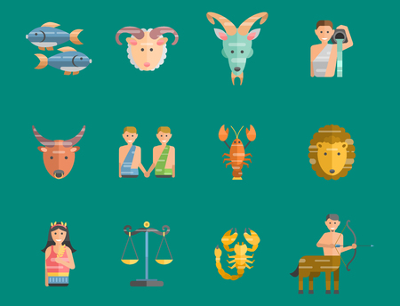 Zodiac signs flat set of horoscope symbols star collection astrology ascendant figure nativity vector astrological calendar illustrationのイラスト素材
