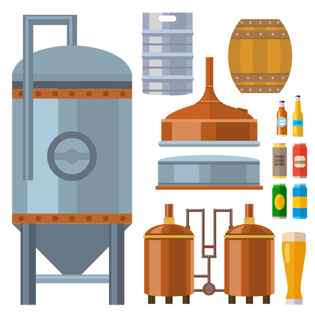 Beer brewing process alcohol factory production equipment mashing boiling cooling fermentation vector illustration.のイラスト素材