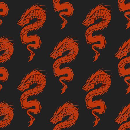 Chinese dragon silhouettes tattoo mythology seamless pattern tail monster magic icon asian animal art vector illustration.のイラスト素材
