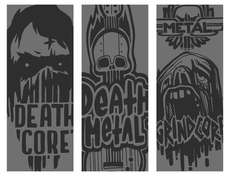 Heavy rock music badge vector vintage brochure with punk skull symbols hard sound cards print emblem illustrationのイラスト素材