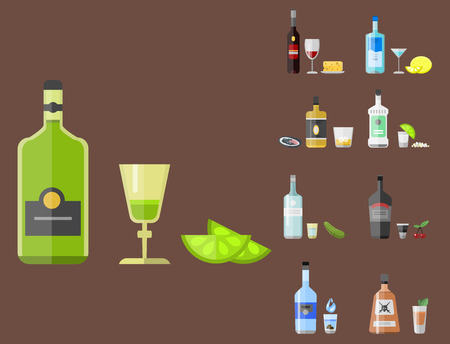 Alcohol drinks beverages cocktail appetizer bottle lager container drunk different snacks glasses vector illustration.のイラスト素材