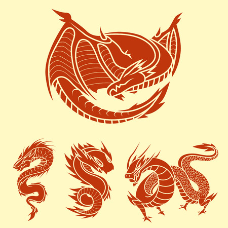 Chinese dragon silhouettes tattoo mythology tail monster magic icon asian animal art vector illustration.のイラスト素材