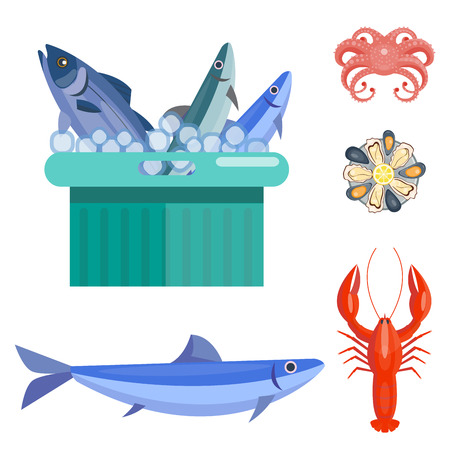 Fresh seafood flat vector illustration fish gourmet delicious restaurant cooking gourmet sea food meal.のイラスト素材