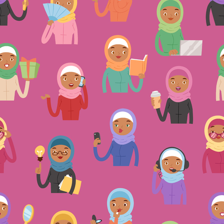 Arabic woman adult character different role Arabian Asia nationality islamic girl face in hijab vector seamless patternのイラスト素材