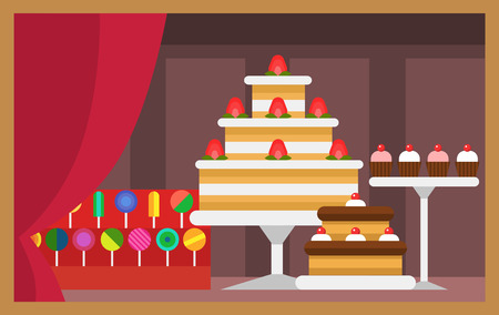 Vector flat design restaurant food shop facade storefront market building architecture showcase window illustration.のイラスト素材