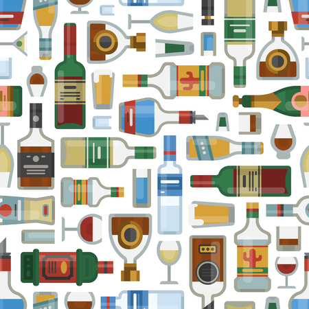 Alcohol drinks cocktail bottle seamless pattern lager container drunk different glasses vector illustration.のイラスト素材