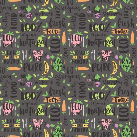 Hand drawn style seamless pattern bio organic eco healthy food text natura vector illustration.のイラスト素材