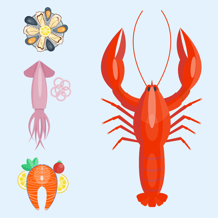 Fresh seafood, flat vector illustration, fish gourmet, delicious, restaurant cooking gourmet, seafood mealのイラスト素材
