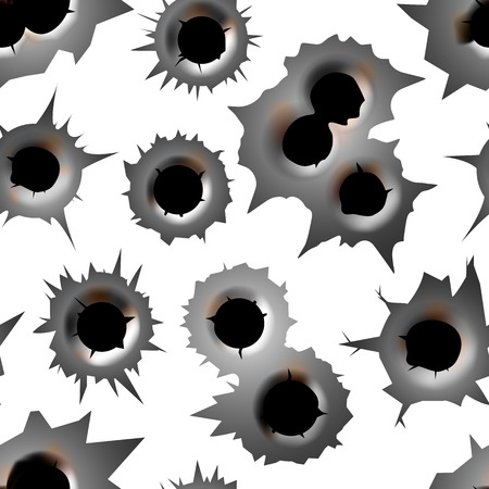 Bullet hole track trace sign gunshot crack torn steel war target break vector illustration. Violence criminal element weapon destruction seamless pattern backgroundのイラスト素材