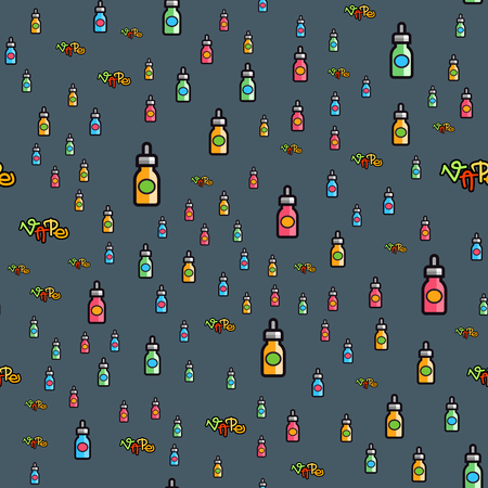 Vape device vector cigarette vaporizer vapor juice seamless pattern bottle flavor illustration battery coil.のイラスト素材