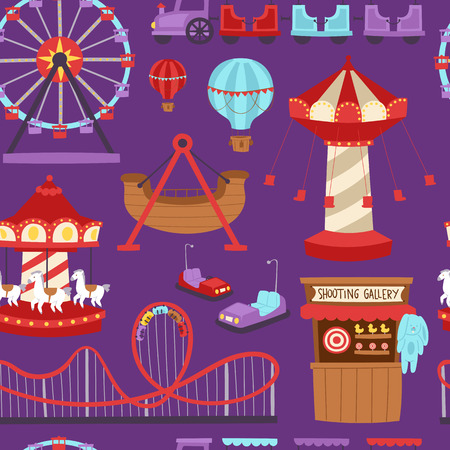 Carousels amusement attraction side-show kids park construction vector illustration seamless pattern backgroundのイラスト素材
