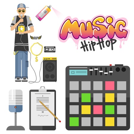 Hip hop character musician with microphone breakdance expressive rap portrait vector illustration.のイラスト素材
