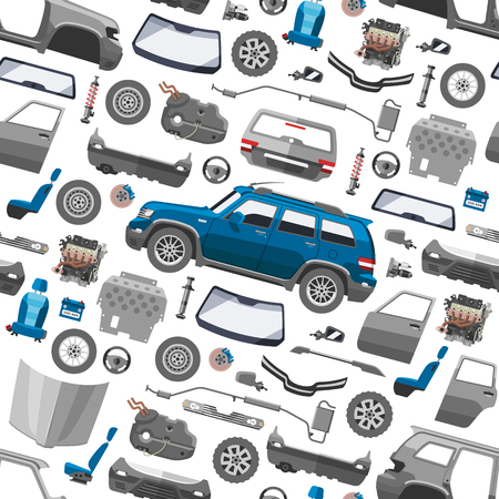 Car service parts flat auto mechanic repair of machines and equipment vector seamless pattern backgroundのイラスト素材
