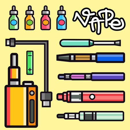 Vape device vector set cigarette vaporizer vapor juice bottle flavor illustration battery coil.のイラスト素材