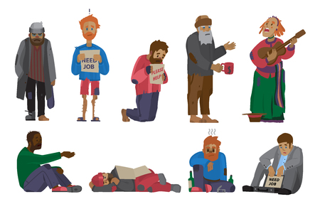 Homeless people characters set unemployment men needing help bums and hobos stray vector illustrations. Homelessness beggar problem cadger human.のイラスト素材