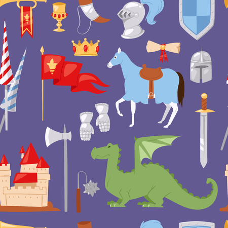 Heraldic royal crest Middle Ages medieval knight elements vintage king knighthood castle badge vector illustration. Historical insignia attributes luxury ornament seamless pattern backgroundのイラスト素材