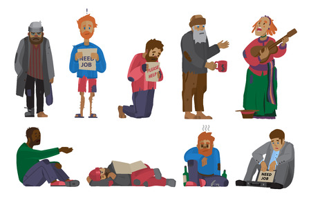 Homeless people characters cadger set unemployment men needing help bums and hobos stray vector illustrations.のイラスト素材