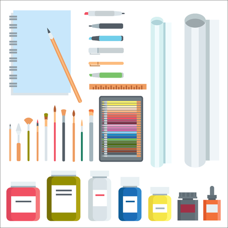 Art tools flat painting icons details stationery creative paint equipment vector artist instrument.のイラスト素材