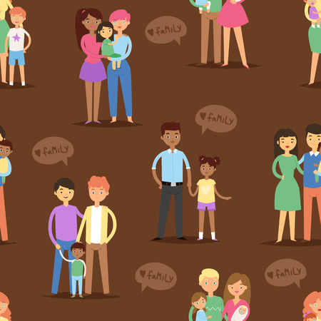 Happy different family couples characters mother father baby multinational people together vector seamless pattern background .のイラスト素材