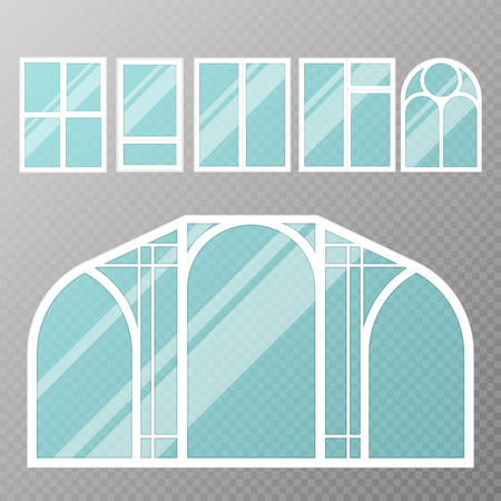 Different types house windows elements flat style glass frames construction decoration apartment vector illustration.のイラスト素材