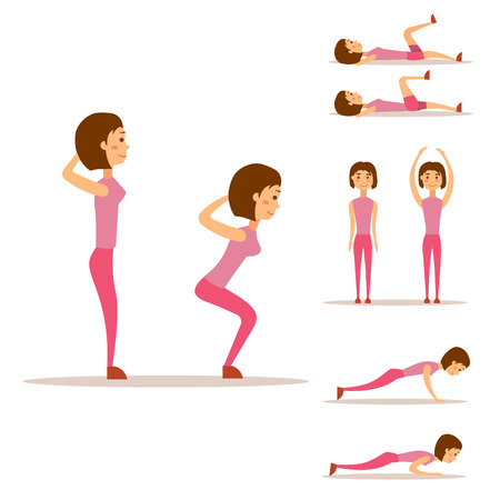 Young woman is exercising at home fitness character workout healthy living and diet concept vector illustration.のイラスト素材