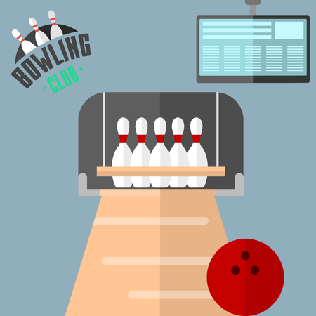 Set of vector colorful bowling icons sport strike pin symbol ball skittle game equipment illustration.のイラスト素材