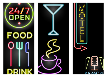 Light neon cards labels vector illustration font decorative symbols night bright text objects.のイラスト素材