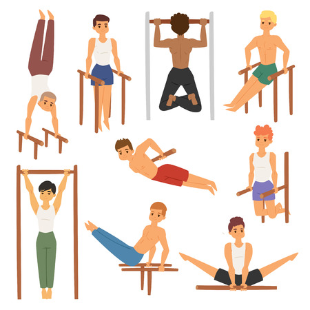 Cartoon horizontal chin-up strong athlete man gym doing bar exercise street workout tricks muscular fitness sport character vector illustration.のイラスト素材