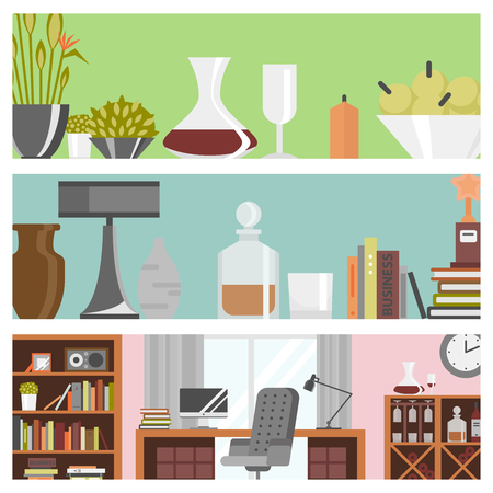 Interior details design stylized cards drawing modern interior house residence luxury apartment furniture decoration vector illustration.のイラスト素材