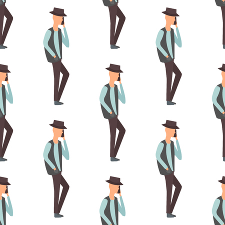 Trendy flat men with phone gadgets seamless pattern illustration.のイラスト素材