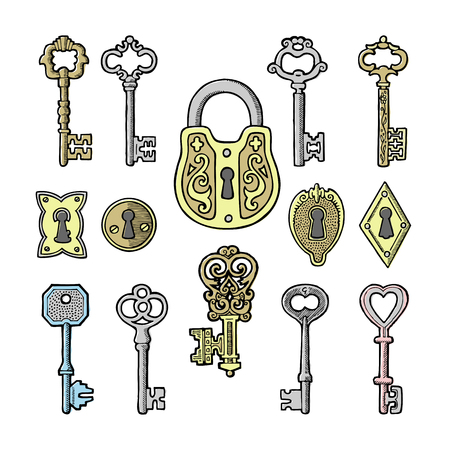 Vector key vintage old sketch retro lock illustration of lock from antique keystone open door keyhole security secret victorian design symbols isolated on white backgroundのイラスト素材