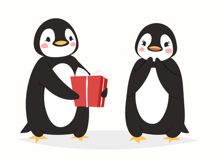 Christmas cute penguin vector character cartoon bird celebrate Xmas poses - play, walc, fly and happy penguin face smile in Santa red hatのイラスト素材