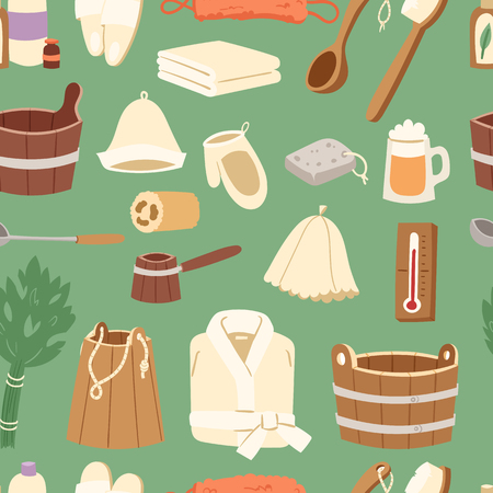 Bath house sauna hot water spa termal steam healthcare concept bathroom broom and sauna bucket vector illustration. Russian bath-house icons wood material water care seamless pattern backgroundのイラスト素材
