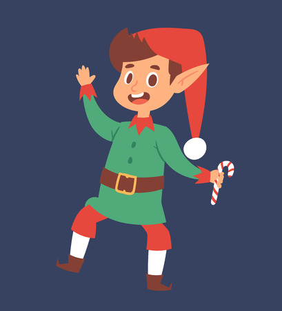 Christmas elfs kids vector children Santa Claus helpers cartoon elfish boy young characters traditional costume celebratedのイラスト素材