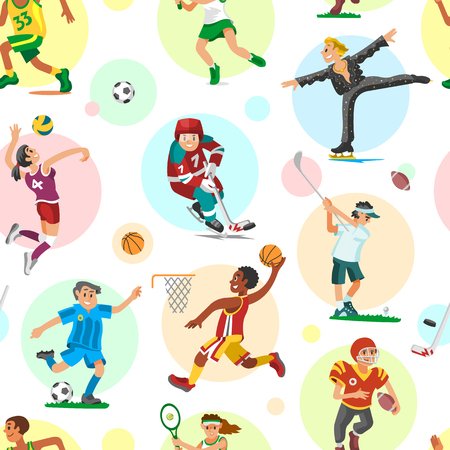 Sport people woman and man flat fitness activities workout athletic sportsmen characters vector illustration seamless pattern backgroundの写真素材