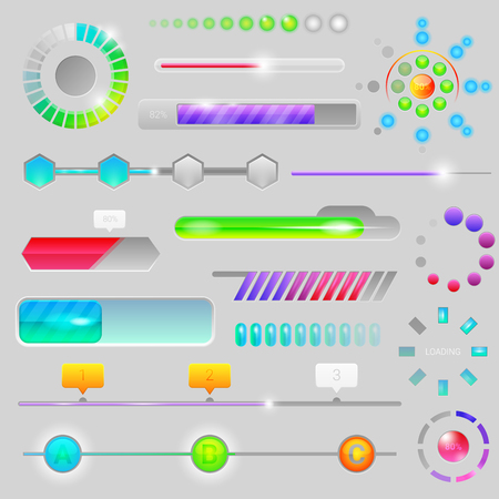 Progress bar vector progressive web interface for upload load or download progression indicator of loading or downloading indication illustration set isolated on background.のイラスト素材