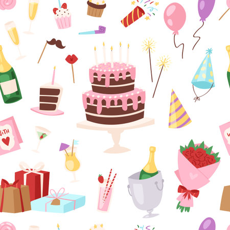 Birthday kids party vector cartoon childs happy birth cake or cupcake celebration with gifts and happy birthday balloons children anniversary holiday set illustration seamless pattern backgroundのイラスト素材