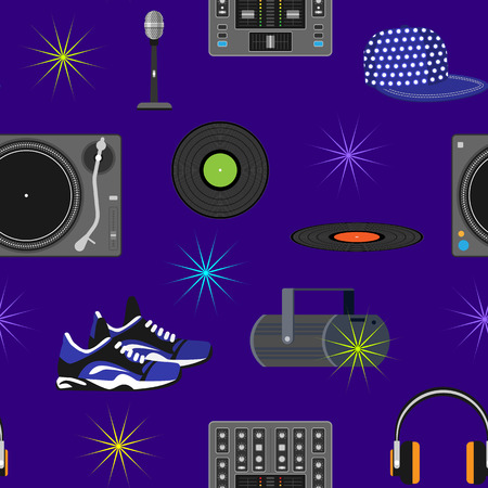 DJ music vector discjockey playing disco on turntable sound record set with headphones and players audio equipment for playback vinyl discs in nightclub seamless pattern backgroundのイラスト素材