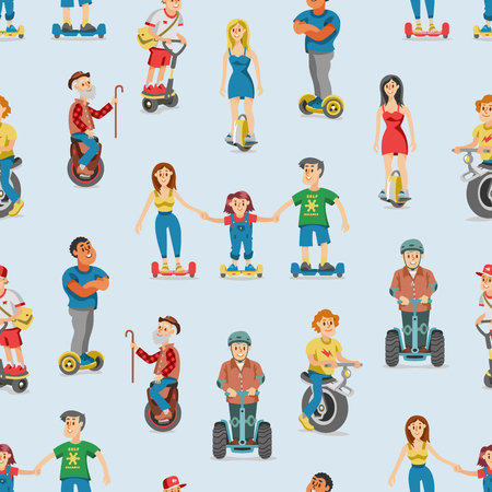 People on electric transport hoverboard vector set characters.のイラスト素材