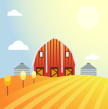 Farm agriculture banner rural landscape products old barn and field cartoon vector illustration.のイラスト素材