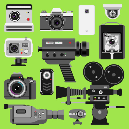 Photo video vector camera tools optic lenses set. Different types photo-objective retro video-equipment, professional movie film making technic. Digital vintage technology electronic cameras deviceのイラスト素材