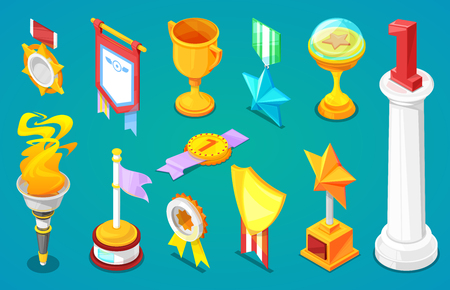 Award trophy vector winners prize trophy cup for award-winning champion with reward for victory on competition illustration set of golden cup for first place isolated on backgroundのイラスト素材