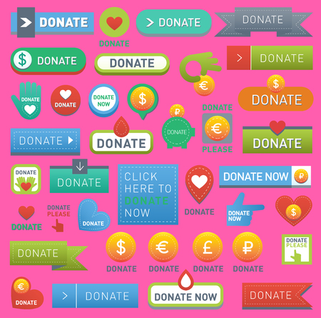 Vector donate buttons help human hand money set in web style. Donation gift buttons charity, isolated web donate design sign contribute. Money giving symbol donate web heart elements setのイラスト素材