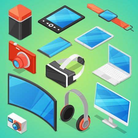 Gadget vector digital device with display of laptop or tablet and camera isometric illustration set of electronic equipment virtual headset and headphone isolated on backgroundのイラスト素材