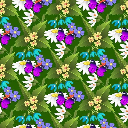 Nature flower and butterflies illustration seamless pattern background floral butterfly summer vectorのイラスト素材